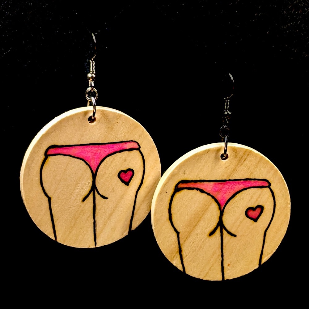 Boutique 🩷 Artisan Hand-Burned Water Color Real Wood Circle Earrings Pink Heart